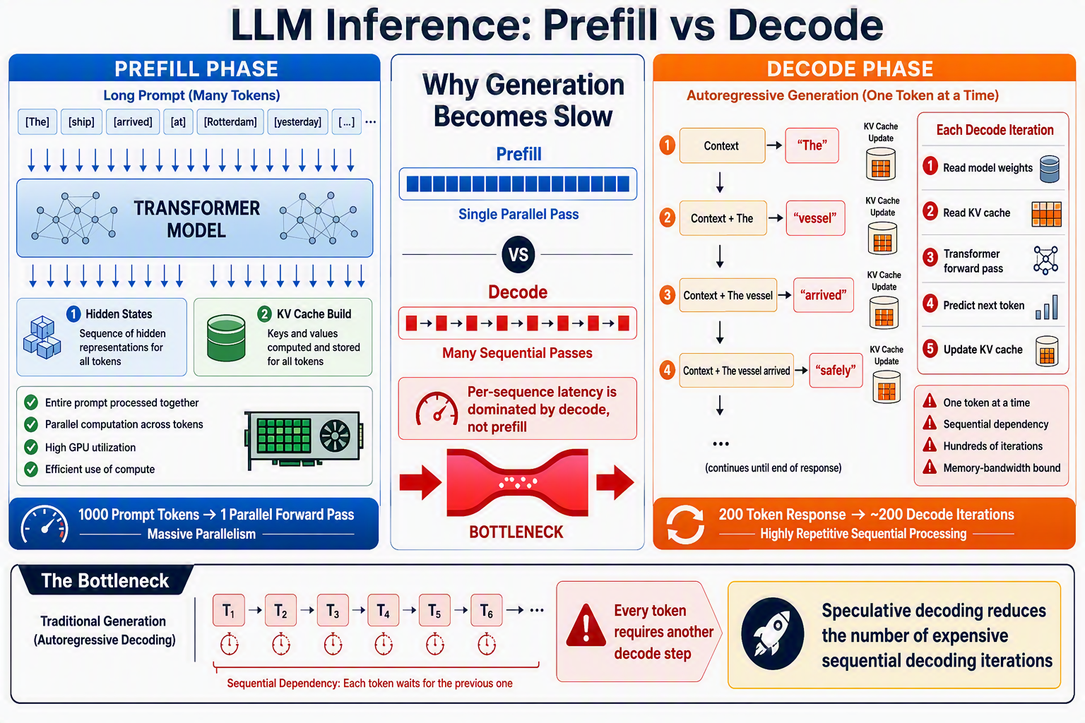 Infographic comparing LLM prefill and decode phases, highlighting parallel prompt processing versus sequential token generation and explaining why decode dominates inference latency..